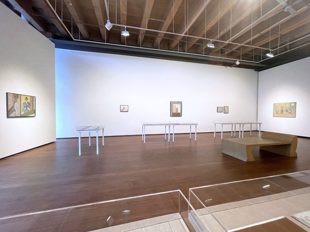 installation view with vitrines and paintings